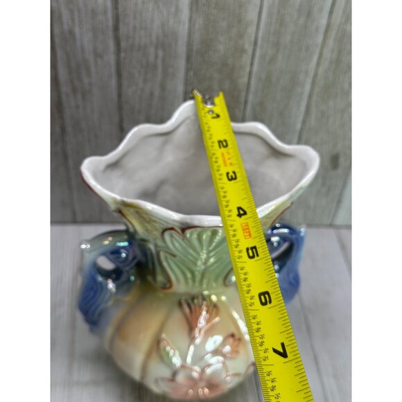 Vintage Lusterware Vase Art Pottery Floral Double Handle 9" - Made in Brazil - Picture 8 of 13